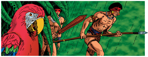Illustration of Brazilian indigenous men walking through the rainforest and colorful parrot, in comics style. Hand drawn and digital colorization.