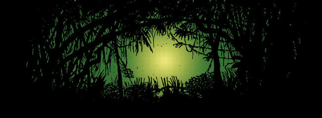 Silhouette of bushes and branches from a thick rainforest with a path in the center, in comics style. Hand drawn and digital colorization.