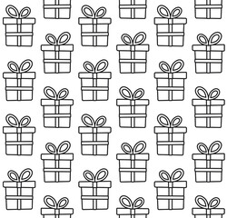 Vector seamless pattern of flat cartoon Christmas present box isolated on white background