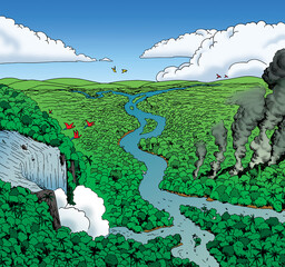 Illustration of a huge rainforest landscape with large waterfall and smoke columns, in comics style. Hand drawn and digital colorization.