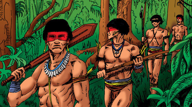 Illustration of Brazilian indigenous men walking through the rainforest, in comics style. Hand drawn and digital colorization.
