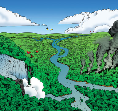 Illustration of a huge rainforest landscape with large waterfall and smoke columns, in comics style. Hand drawn and digital colorization.