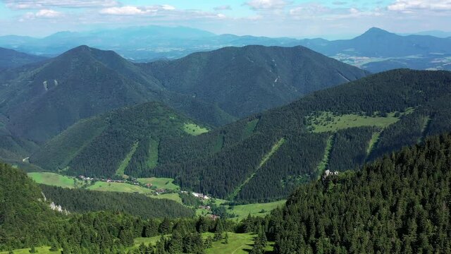 Aerial view of the Mala Fatra mountains in the village of Terchova in Slovakia