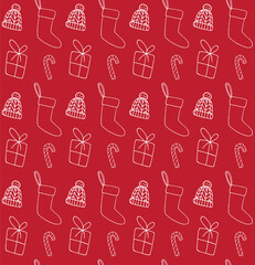 Vector seamless pattern of white hand drawn doodle sketch Christmas elements isolated on red background