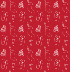 Vector seamless pattern of white hand drawn doodle sketch Christmas elements isolated on red background