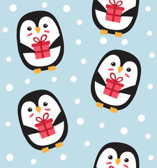 Vector seamless pattern of flat cartoon doodle hand drawn penguin with present isolated on blue background