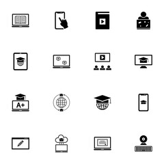 Online Education icon - Expand to any size - Change to any colour. Perfect Flat Vector Contains such Icons as diploma, webcam, student graduation hat, book, notebook, keyboard, lecture, smartphone.