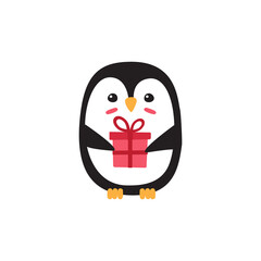 Vector flat cartoon doodle hand drawn penguin with present isolated on white background