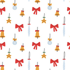 Seamless pattern of jingle bells, red bows and other christmas toys  isolated on white background in traditional christmas colors. For greeting card, wrapping paper and another print design.