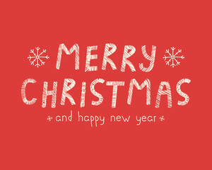 Hand-drawn vector white lettering "Merry Christmas and Happy New Year" in red background wiht snow. For web, greeting card and another print design.
