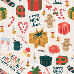 Seamless pattern of different form gifts with candies in traditional christmas color - red, green, blue and yellow. Hand-drawn vector illustration and lettering "Merry Christmas and Happy New Year"