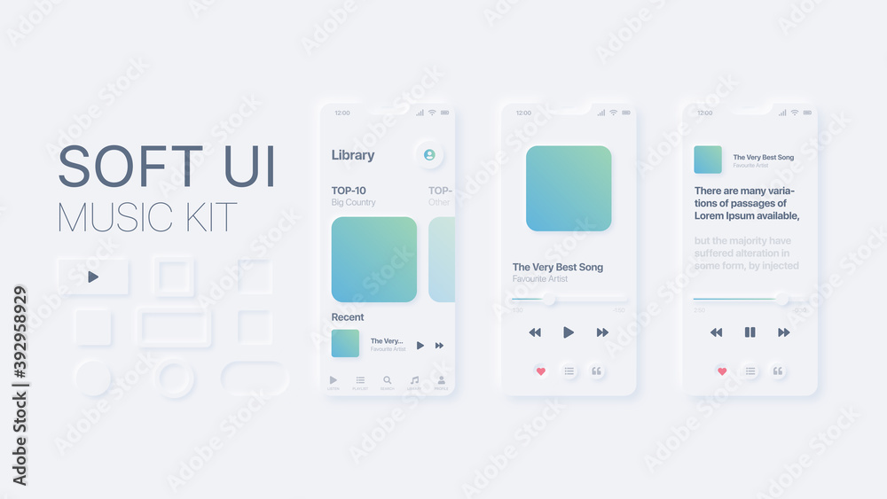 Wall mural soft ui music design kit. application design mockup. smartphone app user interface.