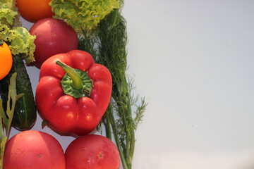 Background from juicy ripe and tasty vegetables with copy space