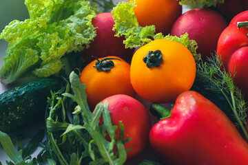 Background from juicy ripe and tasty vegetables. Yellow and red tomatoes, red bell peppers, arugula, lettuce, cucumbers.