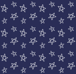 Vector seamless pattern of white hand drawn doodle sketch stars isolated on blue background