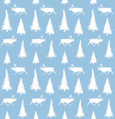 Obraz premium Vector seamless pattern of white hand drawn reindeer and spruce tree silhouette isolated on blue background