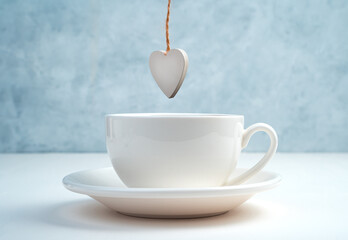 A white Cup and saucer with a wooden white heart hanging on top. Side view with space for copying. Concept February 14.
