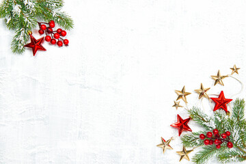 Fototapeta na wymiar Red Christmas decoration white concrete background