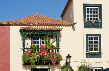Fototapeta na wymiar Multicolored flowered balcony