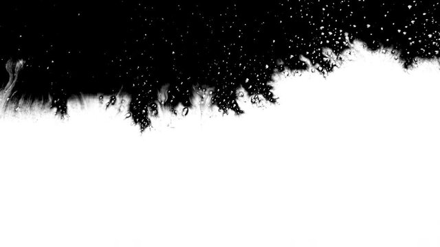 Black watercolor paint drops transition. Set of abstract artistic dye splatters, droplets falling, spreading on white background. Ink bleed and bloom, dripping. Ink mask effect. Spilling black gouache