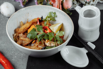 Udon noodles with chicken and peppers - Japanese cuisine