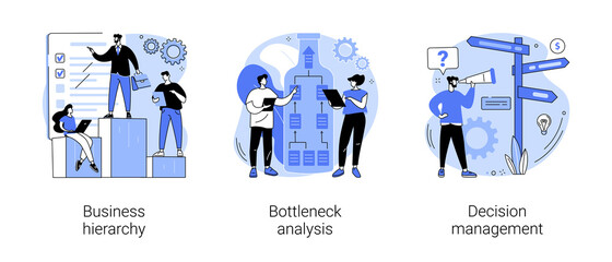 Management system abstract concept vector illustration set. Business hierarchy, bottleneck analysis, decision management, workflow improvement, enterprise analysis software, IT tool abstract metaphor.