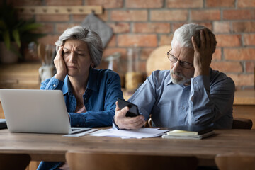 Unhappy mature couple checking financial documents, calculating domestic bills, having problem with...