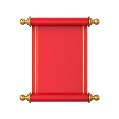 Red Chinese scroll with gold handles on white background, 3D render