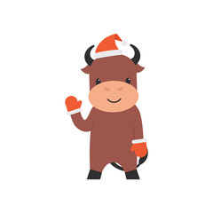 Character bull in christmas hat and gloves waving hoof. Flat vector cartoon illustration.