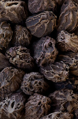 super macro shot of exotic spice black cardamon from India. in details very close.aromat part of masala. Ideal food and spice background