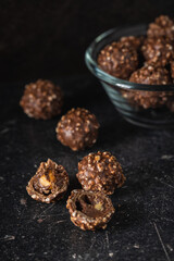 Sweet chocolate truffles. Tasty belgian pralines balls.