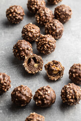 Sweet chocolate truffles. Tasty belgian pralines balls.