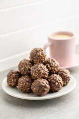 Sweet chocolate truffles. Tasty belgian pralines balls.