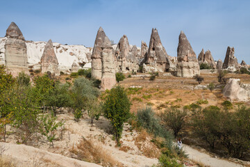 Fototapeta premium Beautiful view of Goreme National Park, Turkey. The typical rock formations of Cappadocia with fairy chimneys, cave in hills and desert landscape. Top attraction travel destinations and adventure.