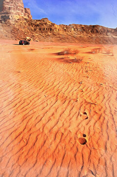 Footprint on red sand of Wadi Rum desert colorful painting looks like picture