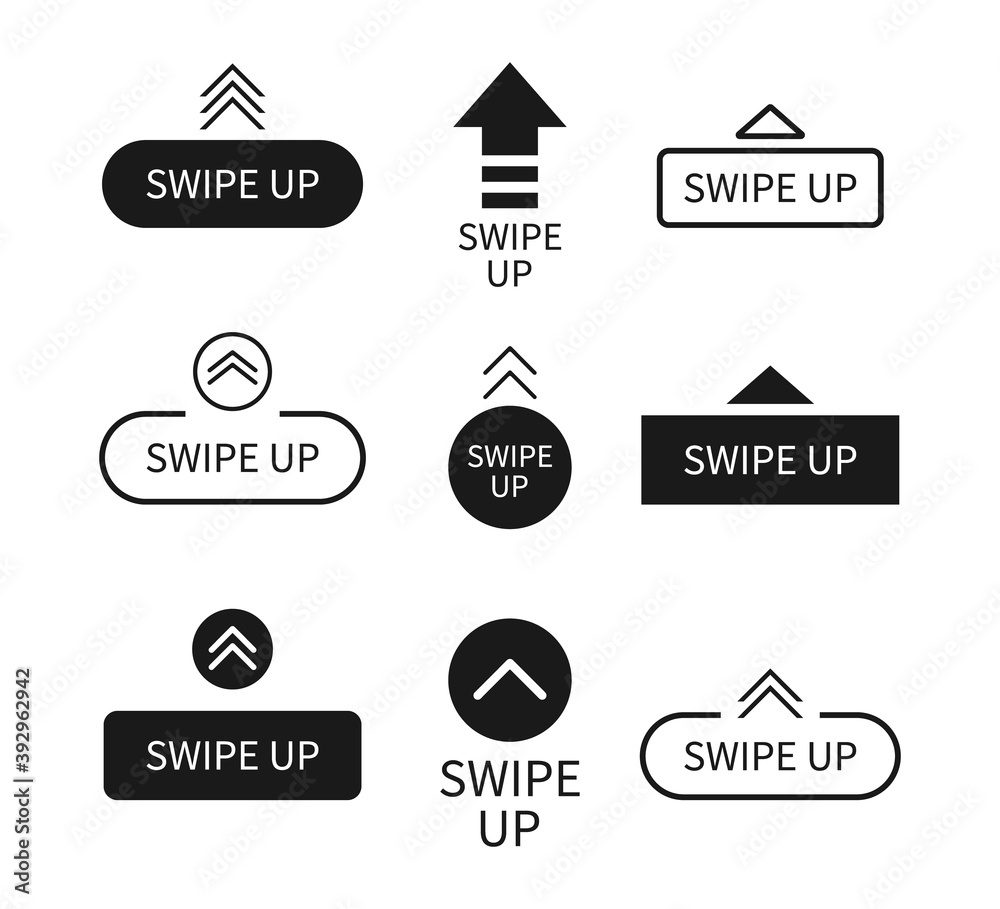 Poster swipe up icon. arrows with buttons. slide in story. logos for scroll and drag in social media app. u