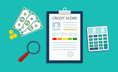 Credit score. Infographic of loan report. Personal credit history. Good finance rate. Document with graph and chart. Check information about payment. Approve debt on paper with stamp. Vector