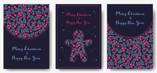 Colored christmas party invitation, banner, poster or postcard with holly silhouette for the new year holiday. Winter illustration of holly for december design
