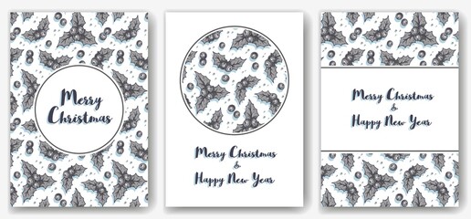 Colored christmas party invitation, banner, poster or postcard with holly silhouette for the new year holiday. Winter illustration of holly for december design