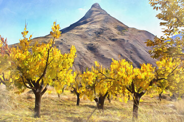 Bäume im Ararat-Tal in Sardarapat bunter Malerei © idea_studio