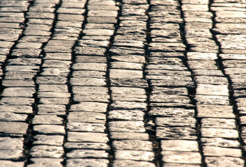 pavement close up in the sunlight. background texture of street stone