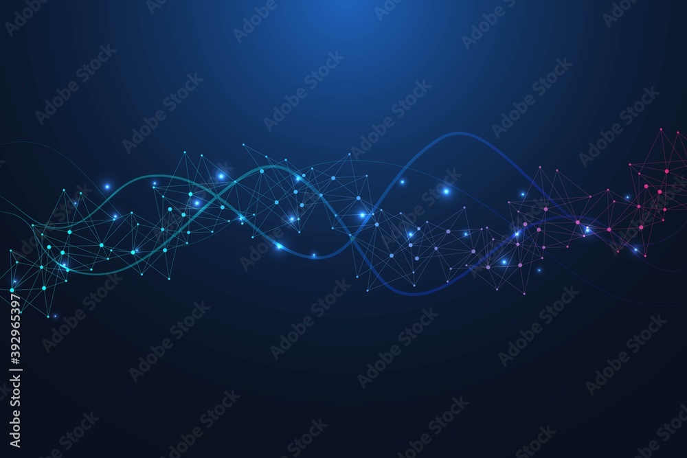Poster geometric abstract background with connected line and dots. structure molecule and communication. bi