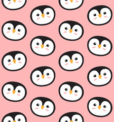 Vector seamless pattern of flat cartoon doodle  penguin face isolated on pink background