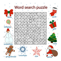 Find words in a table on the theme xmas, crosswords puzzle game for children of any age. Activity worksheet printable version. Vector hand drawn illustration. Children's Christmas game