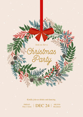 Christmas wreath with holly berries, mistletoe, pine and fir branches, cones, rowan berries. Xmas and happy new year postcard. Vector illustration, holiday party invitation