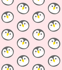 Vector seamless pattern of flat cartoon round penguin face isolated on pink background