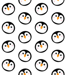 Vector seamless pattern of flat cartoon round penguin face isolated on white background