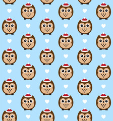 Vector seamless pattern of flat cartoon colored owl in winter hat and hearts isolated on blue background