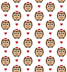 Vector seamless pattern of flat cartoon colored owl in winter hat and hearts isolated on white background