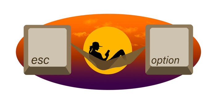 A woman resting in a hammock in a tropical sunset has chosen to the option to escape from work . Keyboard keys esc and option support her hammock.